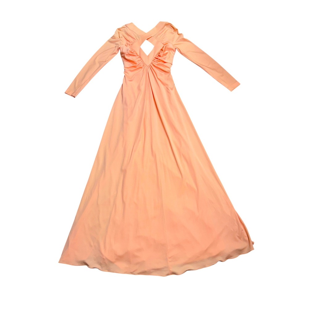 1970s Vintage Estevez Peach Long Sleeve Maxi Dress Cutout Ruched Gown Size 8